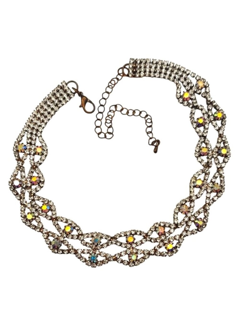 Rhinestone AB Aurora Borealis Crystal Choker 16" Adjustable Necklace Retro - Picture 4 of 6